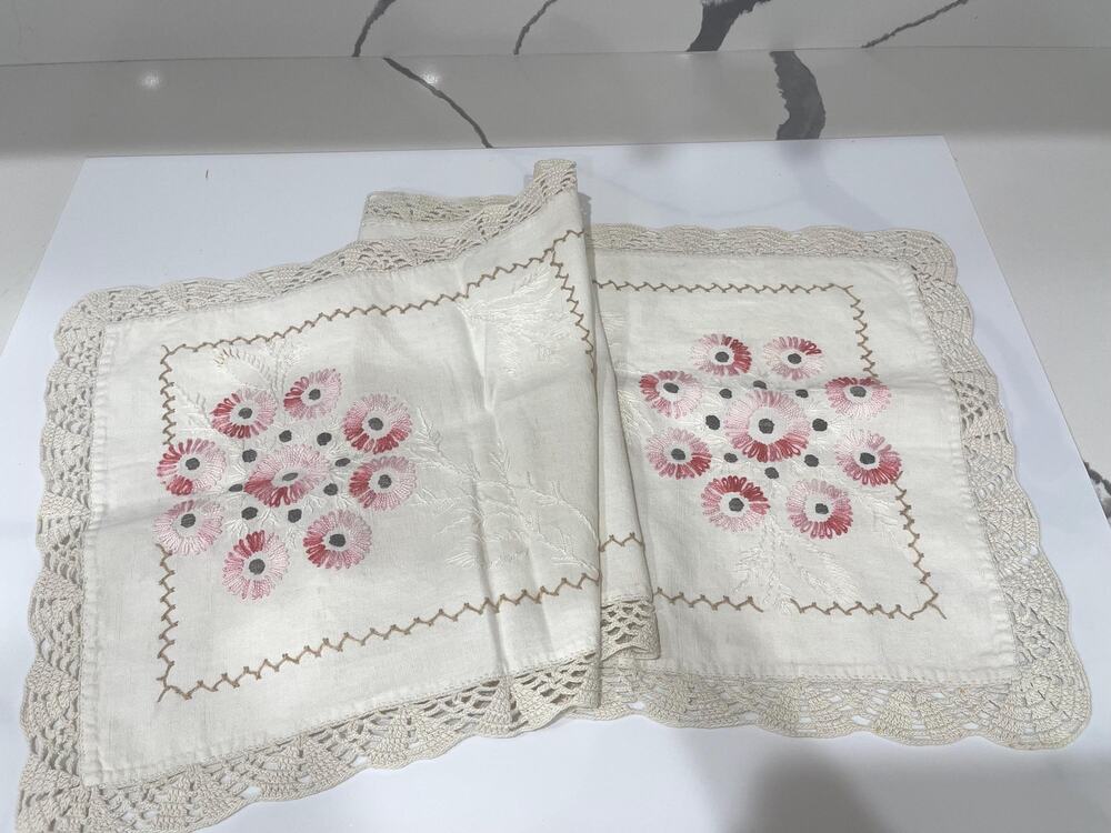 Vintage Hand-Embroidered Table Runner with Crocheted Lace Trim